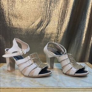 Jitterbug Boy Custom Designer-Inspired Cream Gladiator Sandal Heels – Size 7 🤍